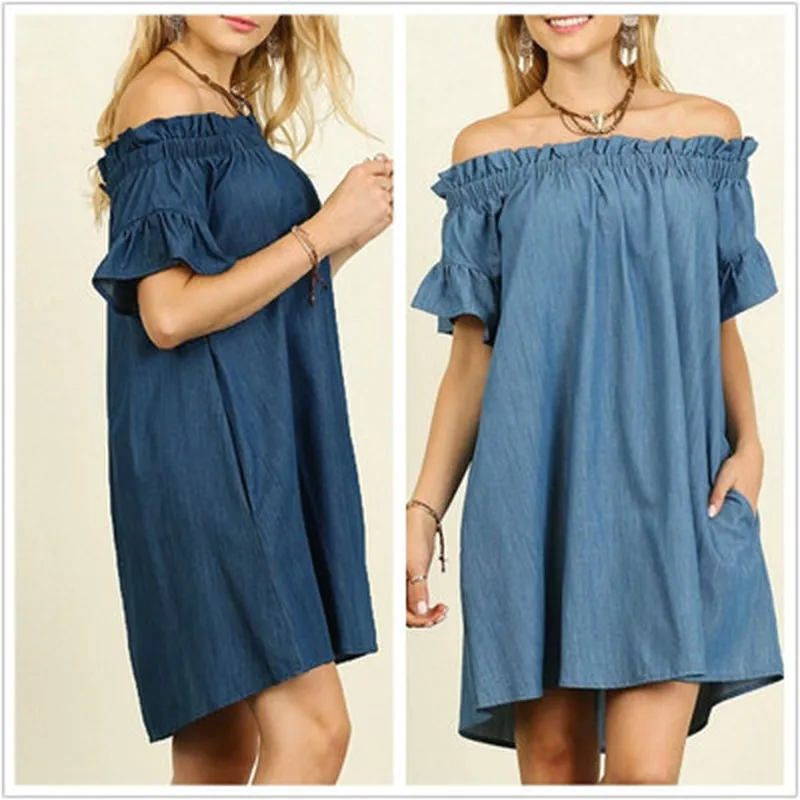 

Женские плиссированные джинсовые платья Дамские летние свободные туники размера плюс с открытыми плечами