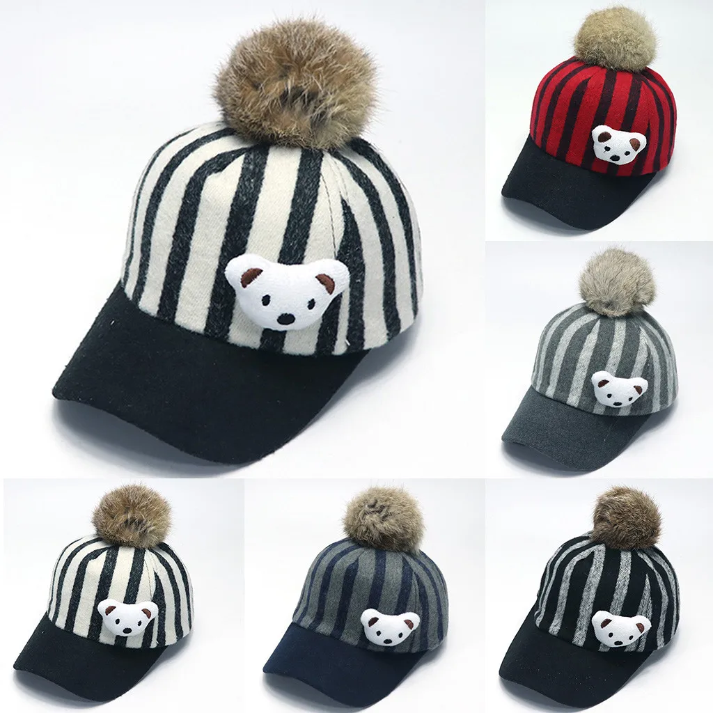 Children Woollen Cloth Stripe Little Bear Hair Ball Baseball Cap Hat Hip Hop Caps Fitted Snapback Cotton sports cap | Аксессуары для