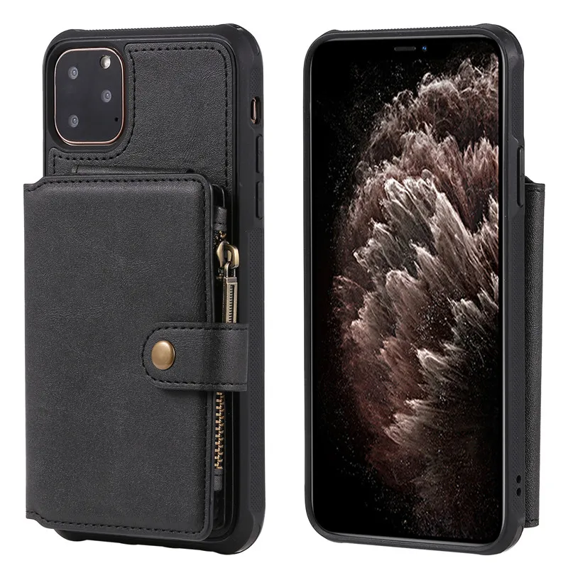 black Ретро Кожаный Кошелек на молнии чехол для телефона для iPhone 11 11Pro MAX XS MAX XR 6 6splus 7 7Plu 8 8Plus держатель для телефона с подставкой задняя крышка - Цвет: black