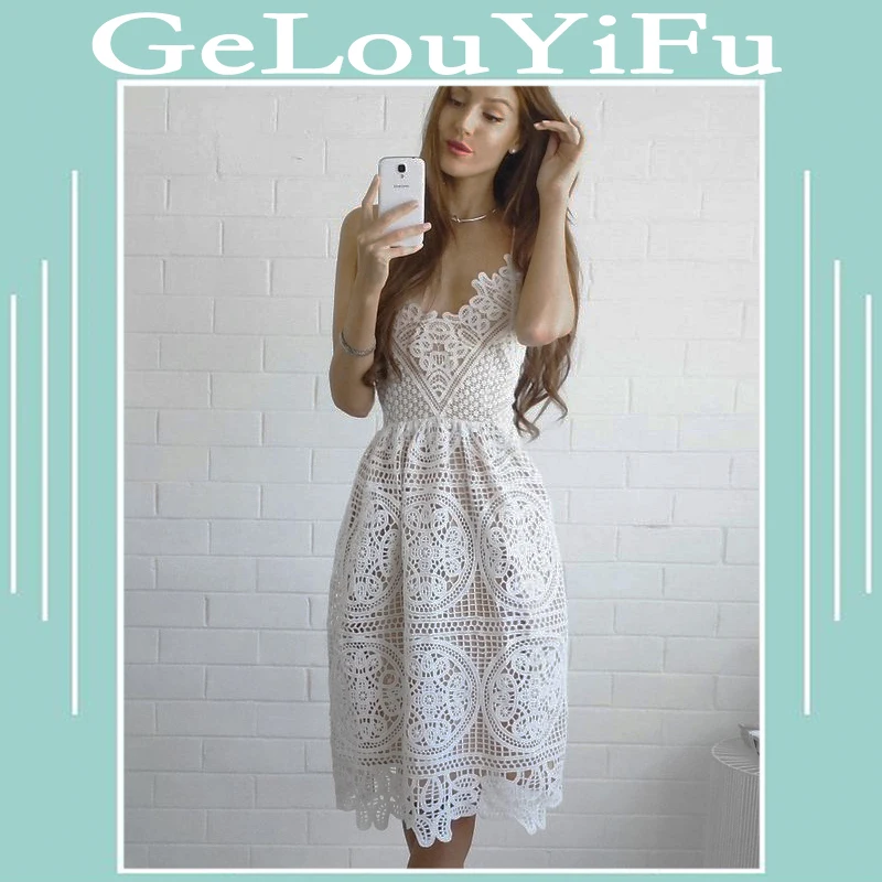 

Summer Women White Dress Backless Hollow Out Lace Dress Tunic Beach Female Sleeveless Dresses V Neck Midi Spaghetti Strap Dress
