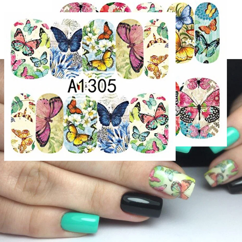 12 шт. наклейка с цветком для ногтей в виде бабочки Слайдеры нейл-арта фольга