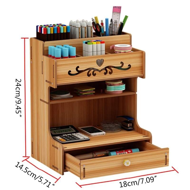 

Wooden Pen Holder with Drawer Multi-Functional Desktop Stationary Pencil Box Home Office Art Supplies Organizer Rack