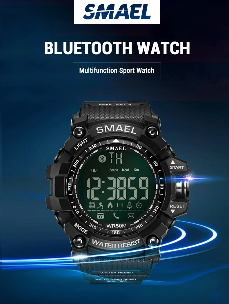 SMAEL Bluetooth светодиодный цифровые часы для мужчин 50 м Водонепроницаемый Открытый плавать дайвер спортивные часы большой циферблат часы армейские наручные часы мужской 1617B