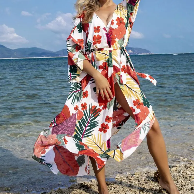 

Women Tropical Floral Print Swimsuit Cover Ups Sexy Side Split Loose Maxi Long Cardigan Flowy Open Front Beach Kimono Robe