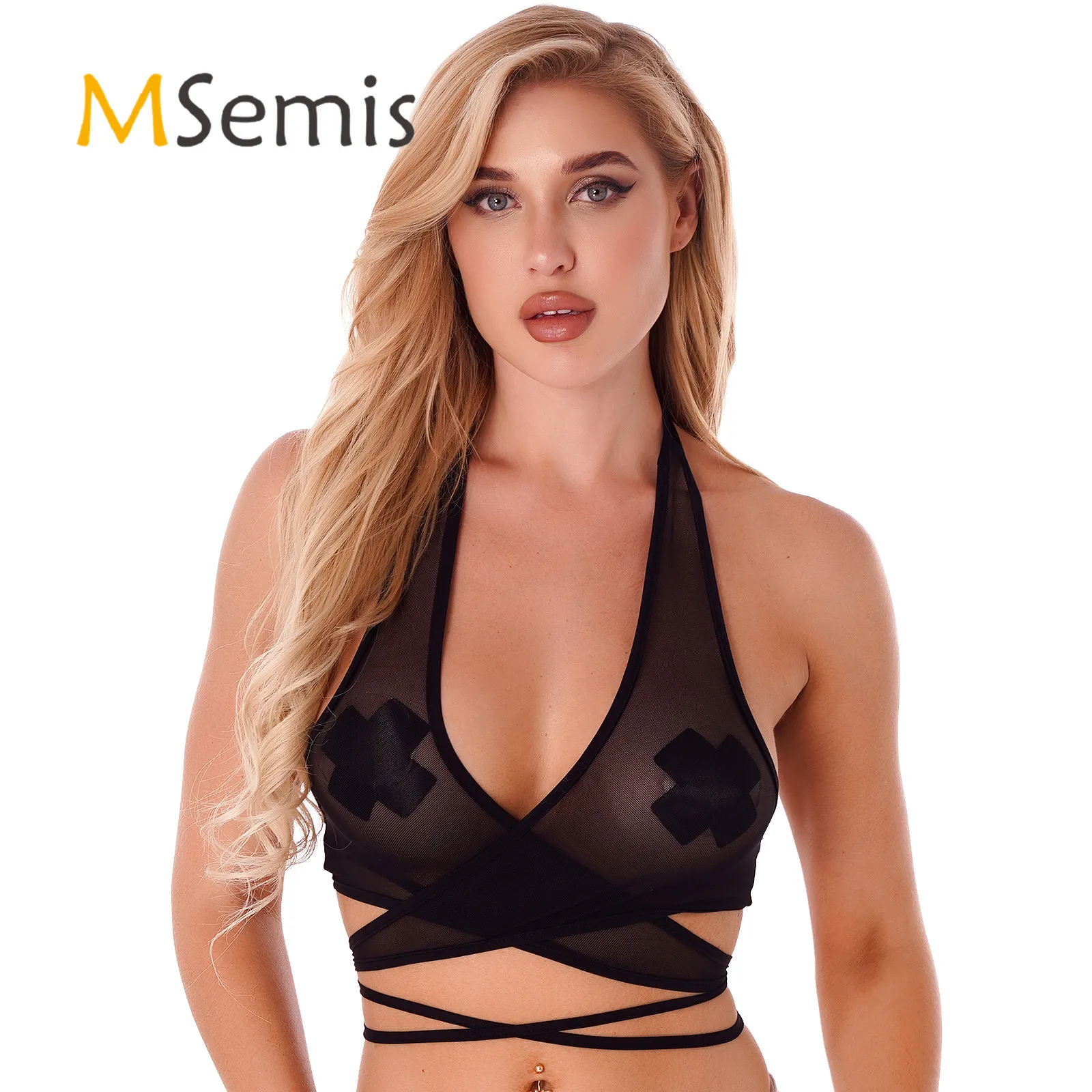 

Womens Lingerie See Through Tops Criss Cross Lace-up Sheer Mesh Crop Top Halter Sleeveless Backless Camisole Beachwear Clubwear
