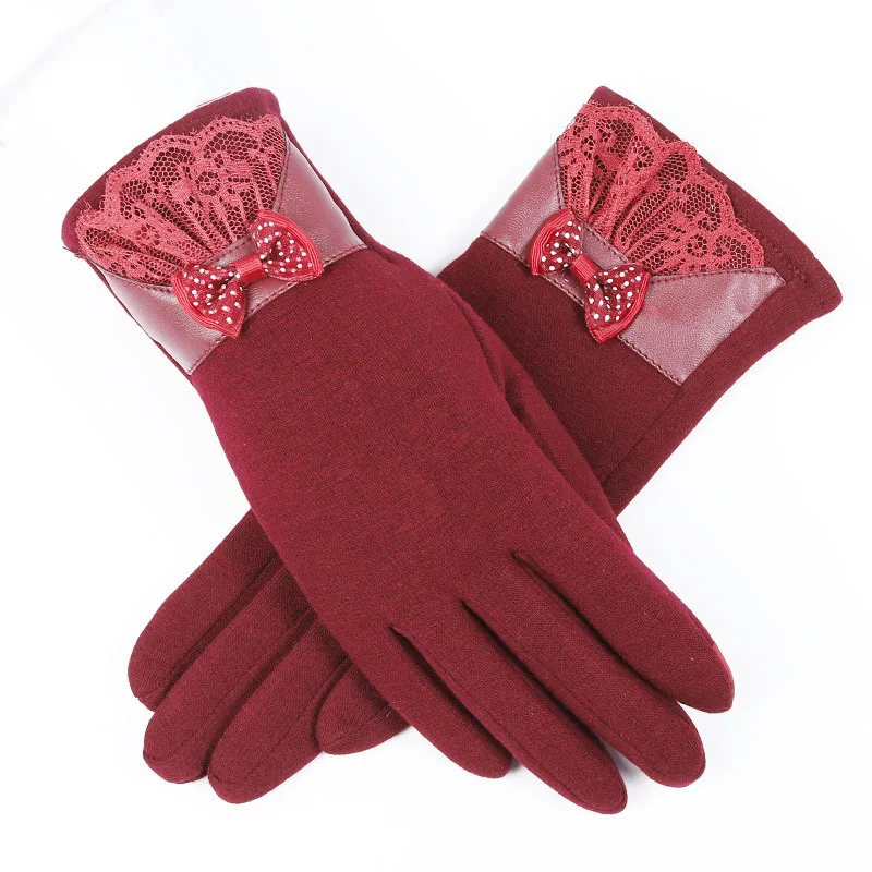 Bow Red--Velvet Зимние женские перчатки, ручные варежки для женщин, шерстяные женские вязаные кашемировые наручные перчатки Luva, перчатки для вождения автомобиля, перчатки для сенсорного экрана - Цвет: Bow Red--Velvet