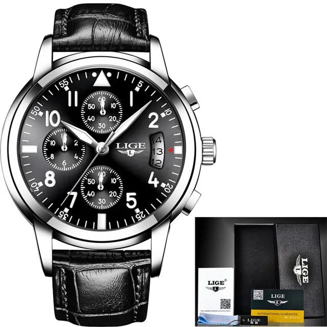 Silver black L LIGE Для мужчин s часы Топ Роскошные Брендовые мужские Водонепроницаемый кварцевые Бизнес часы для Для мужчин Повседневное спортивные наручные часы Relogio Masculino - Цвет: Silver black L