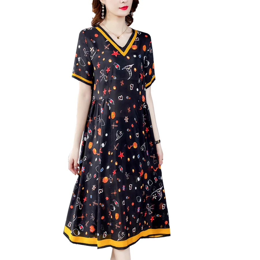 

Female Vintage Black Print Mulberry Silk Midi Dress 2021 Summer 4XL Plus Size Sundress For Elegant Bodycon Party Runway Vestidos