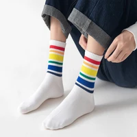 long tube cotton socks men and women stockings rainbow style simple south korea ins trend hong kong stripes spring and summer