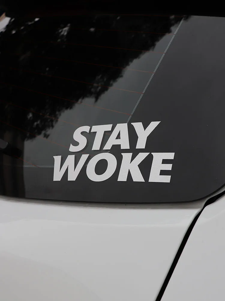 

ZTTZDY 15.5CM*6.8CM Fashion Reflective Vinyl Stay Woke Car Sticker Black Silver Decals ZJ2-0234