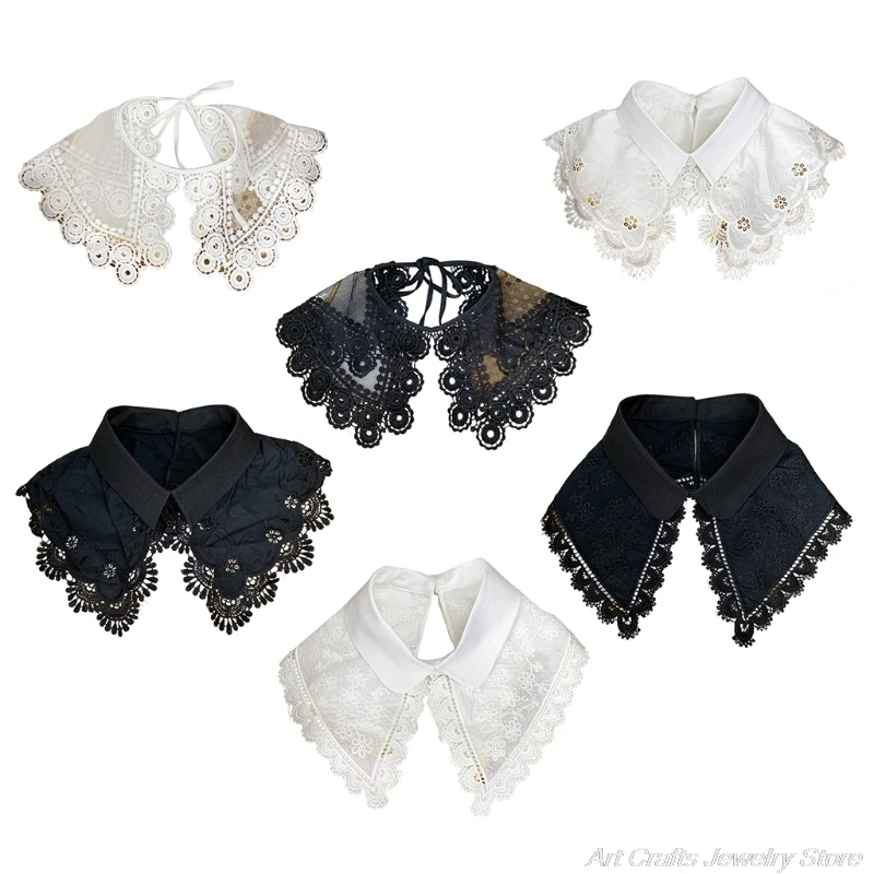 

Women Solid Color Decorative Fake Collar Shawl Hollow Out Floral Lace Trim Lapel Half Shirt Necklace Detachable Poncho A20 21