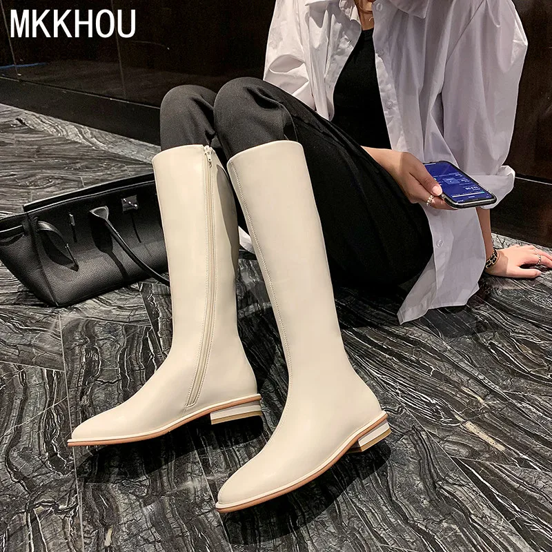 

MKKHOU Fashion Knee-Length Women's Boots The New Four Seasons Boots Are Simple All-match Low-heeled Ladies Long Leather Boots