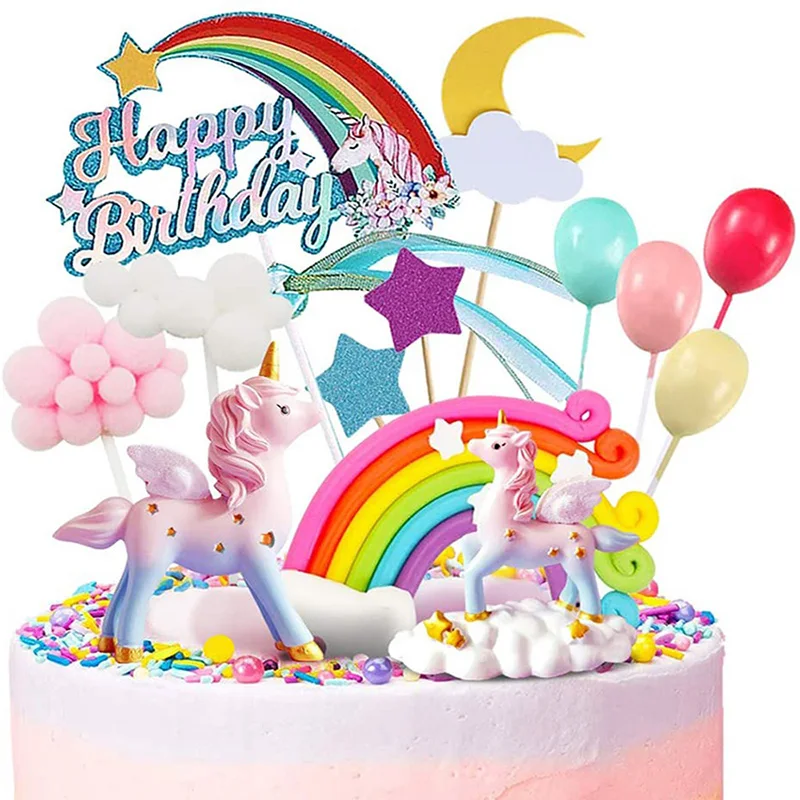 Fanhaus unicornio pastel decoración Arco Iris unicornio pastel topper Feliz cumpleaños pastel topper chica