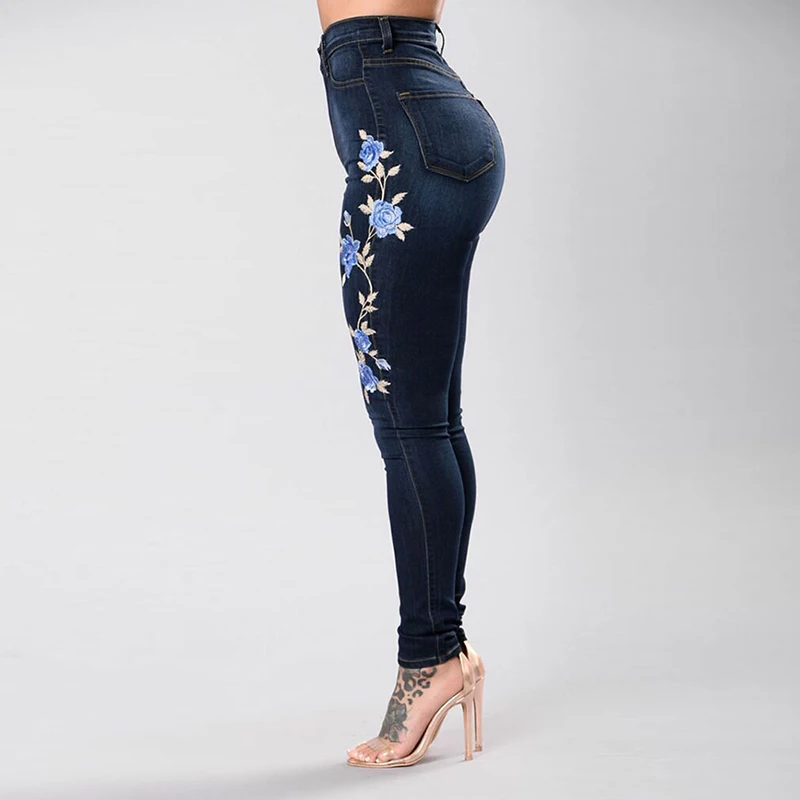 

Women Blue Rose Embroidered Jeans Lady's Skinny Jeans Girl's Slim Print Trousers High Waist Sexy Pencil Pants Plus Size