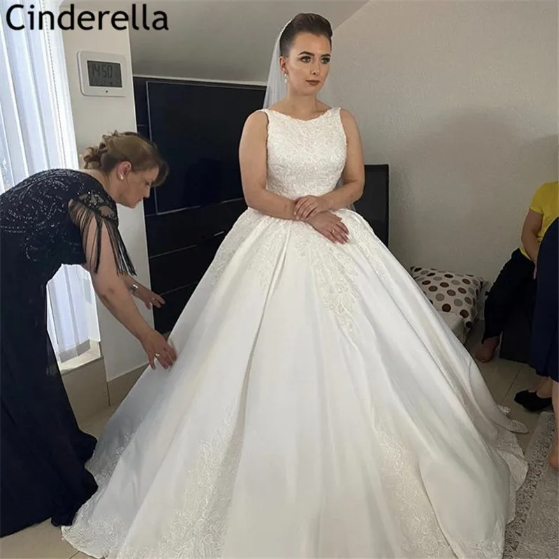 

Свадебные платья без рукавов с коротким шлейфом высокого качества атласные кружевные аппликационные Свадебные платья со шнуровкой сзади ...