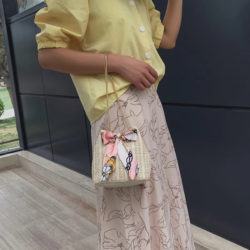 Женская винтажная сумка через плечо Joker модная соломенная на одно с завязками