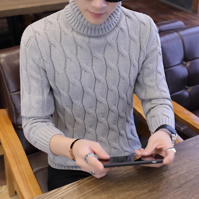 Мужской облегающий свитер водолазка клетчатый вязаный пуловер повседневный