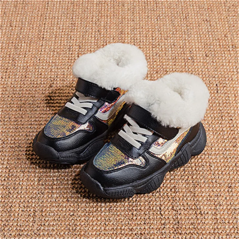 Scsech/зимние ботинки для девочек детские кожаные кроссовки с блестками плотные