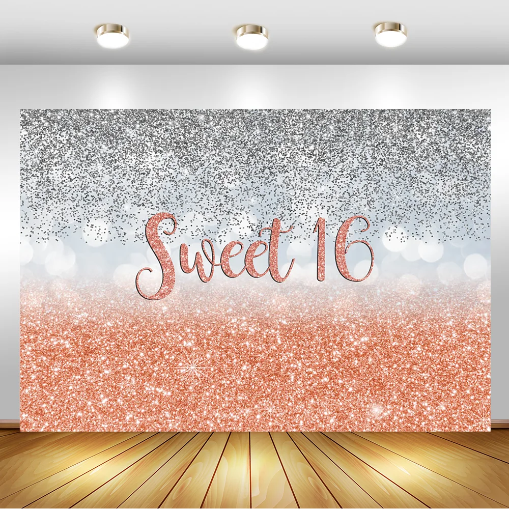 

Sweet 16 Birthday Photography Background for Silver and Rose Gold Backdrop Sixteen Birthday Banner Backgrounds for Photo Studio
