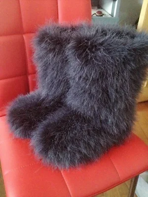 Dark Gray Женские Настоящий Страус меховые сапоги до середины икры теплые зимние сапоги на плоской подошве с круглым носком, цветная обувь 11 цветов, большие размеры, новые роскошные - Цвет: Dark Gray