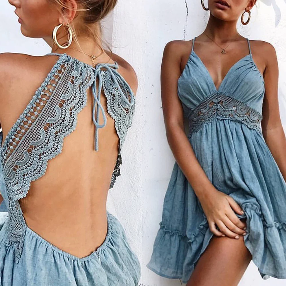 

ZOGAA 2021New Fashion Women Sexy Lace Halter Sling Waist Party Dress Elegant Bohemian Summer Beach Sundress Elegant Dress