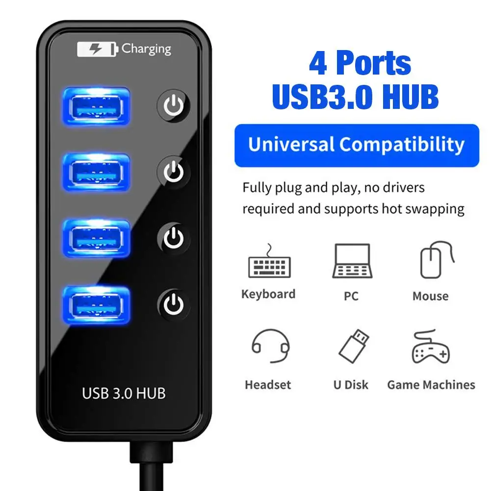

New USB Splitter Hub High-speed Expansion Delayed 4-Port USB 3.0 Hub USB2.0 Adapter With On/Off Switches For PC Laptop Computers