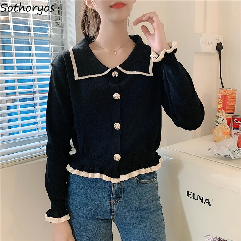 

Cardigans Women Turn Down Collar Fungus Line Sweet Autumn All-match Students Knitting Vintage Basic Cozy 5XL Slender Fashion Ins