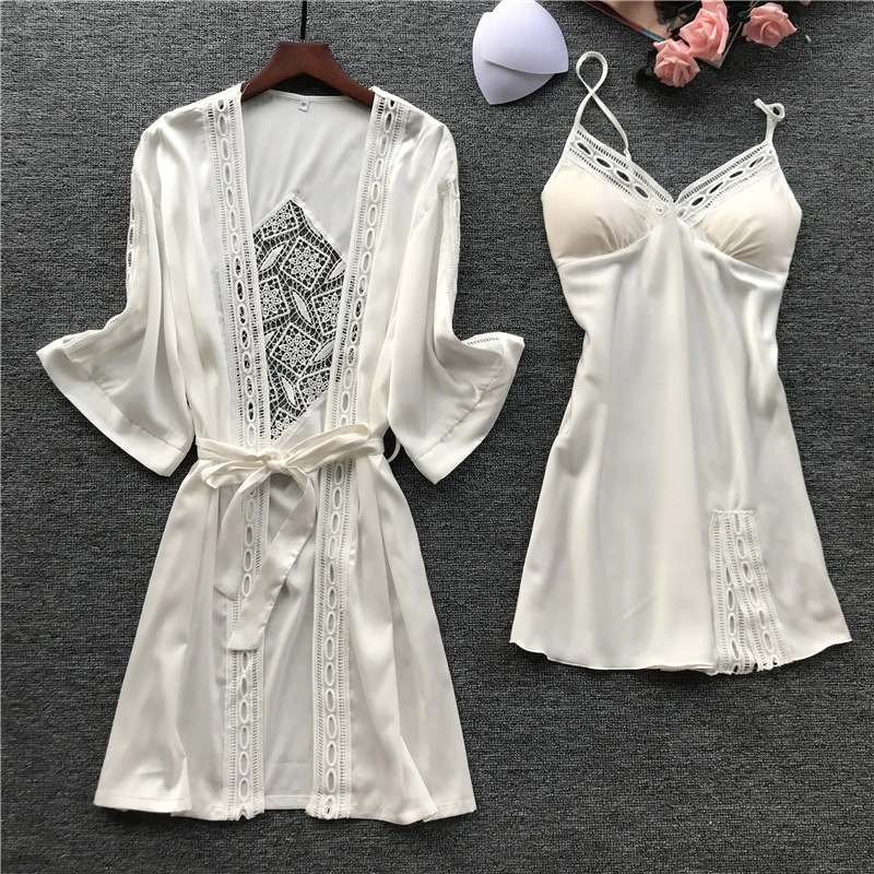 2020 Women Satin Sleepwear 2 Pieces Pyjamas Sexy Lace Pajamas Sleep Lounge Pijama Silk Night Home Clothing Pajama Suit | Женская одежда