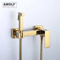 solid brasss shiny titanium gold handheld toilet bidet sprayer square design douche kit hot and cold shower bidet faucet ap2271