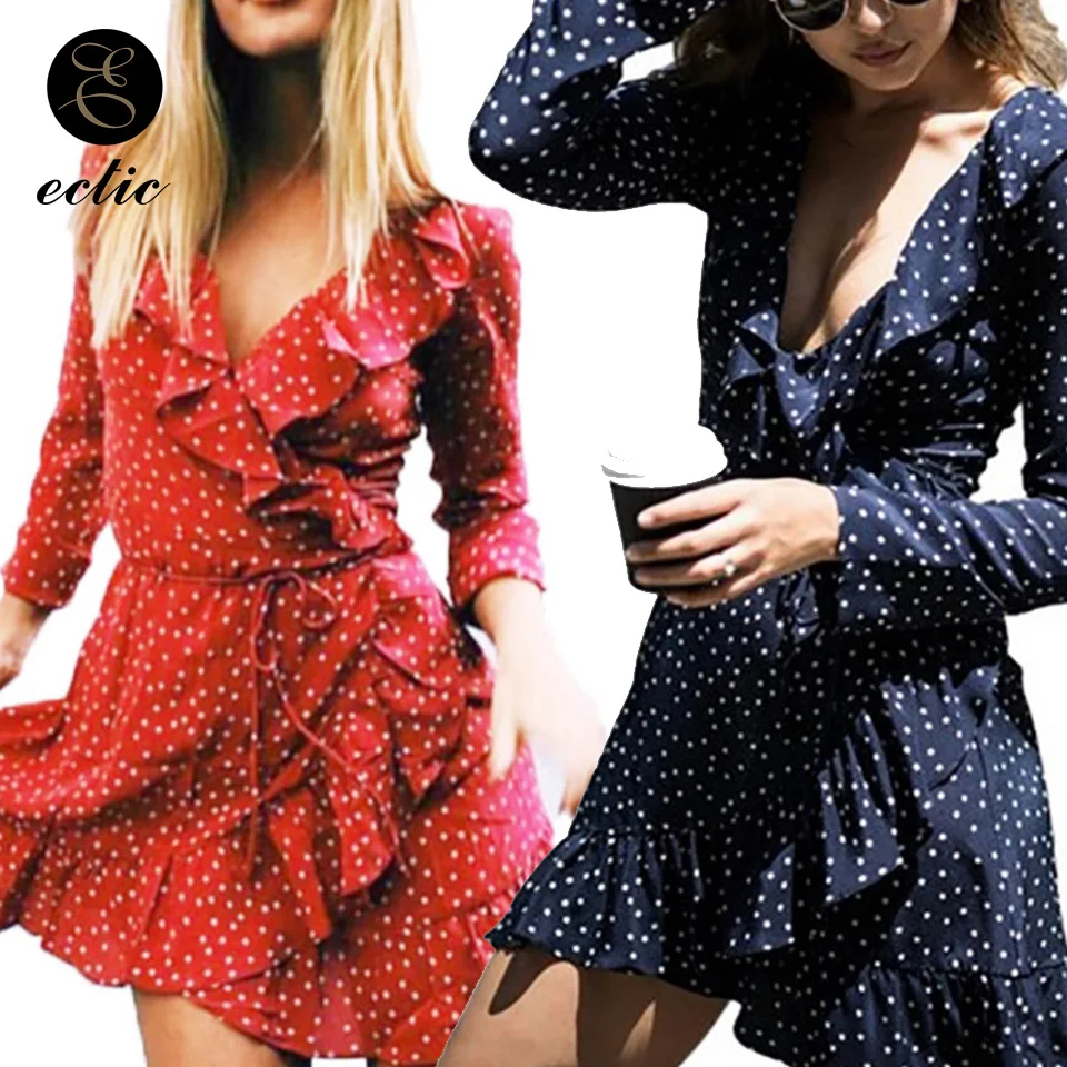 

Red Polka Dot Dress Ruffle Wrist Sleeve Wrap Dress Sukienka 2021 Robe Femme Ete Mini Women Asymmetric Dress V Neck Sexy Clubwear