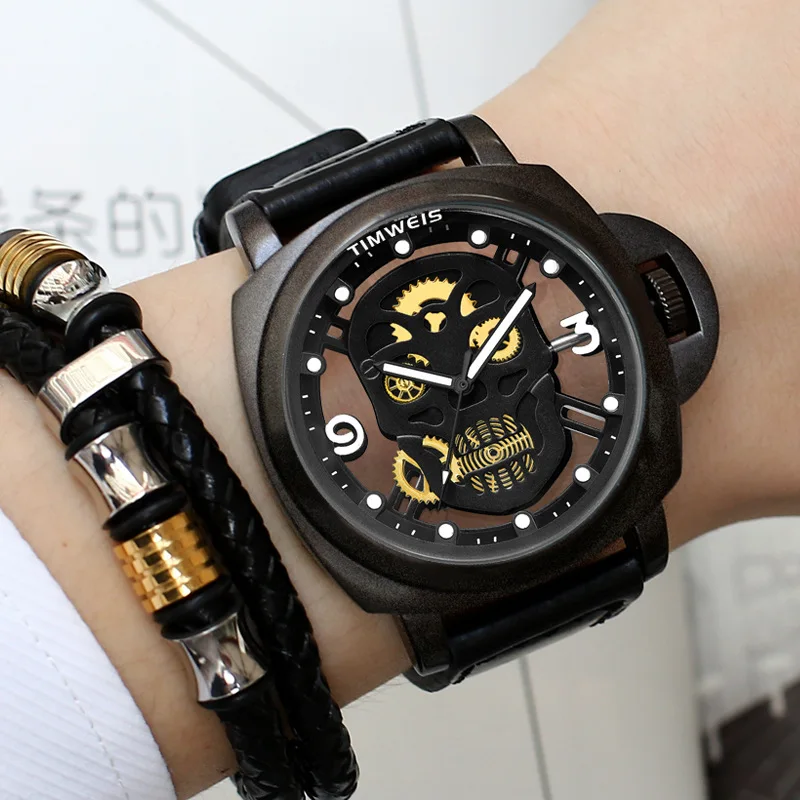 Модные мужские часы с большим циферблатом полые водонепроницаемые черепом