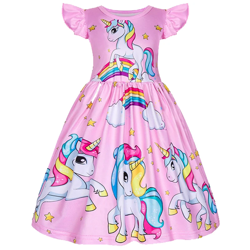 Летние платья для девочек Новое Детское платье с единорогом Одежда принцессы