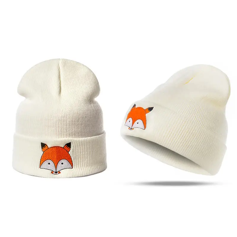 

iMucci Cute Fox Winter Wool Hat Women Black Grey White Men Autumn Embroidery Kintted Cap Outdoor Warm Cotton Adult Casual Beret