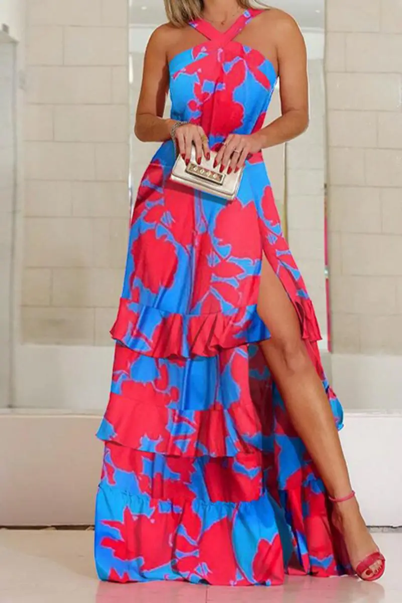 

women fashion Hanging neck printing fit and flare dress beach style lady fashion long dress sexy night club party dress