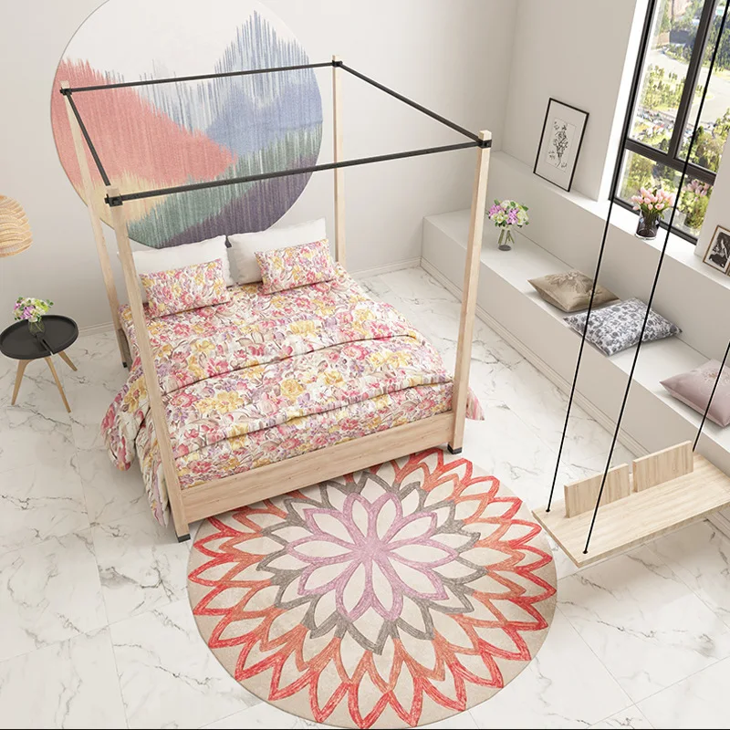 

Fashion Simple Nordic Abstract Geometric Flower Orange Blue Round Bedroom Living Room Carpet Hanging Basket Swivel Chair Mat
