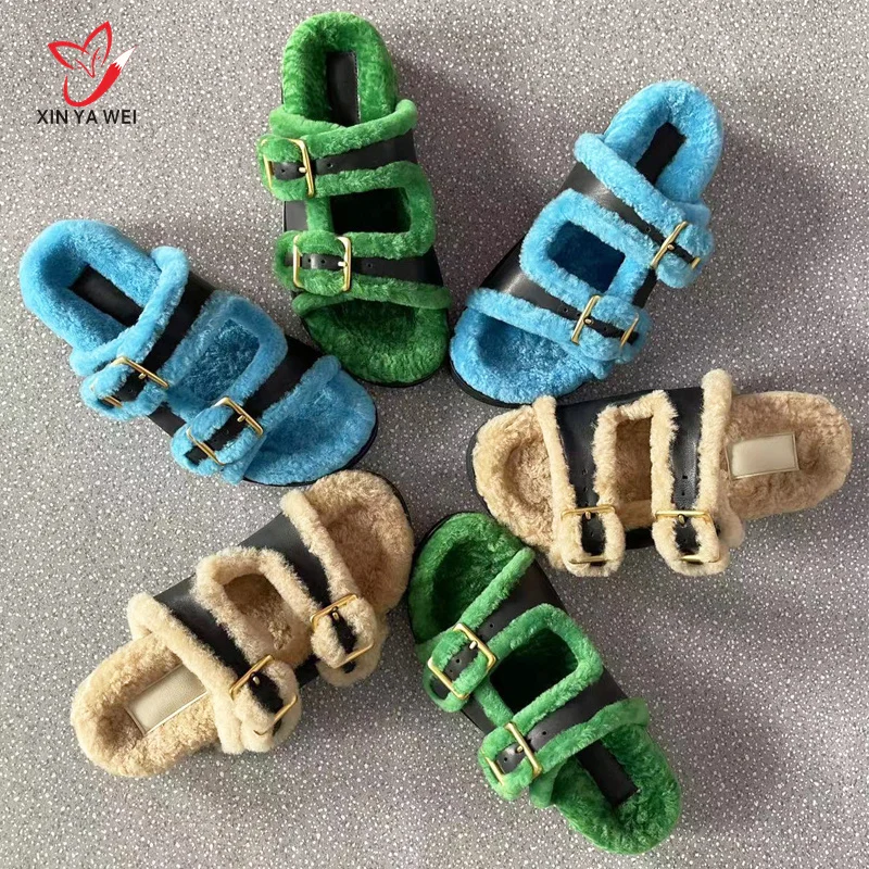 

2021 New Sheep Fur Cork Slipper Autumn Winter Women Casual Genuine Leather Outside Solid Buckle Soft Plush Slides Shoe Slippers