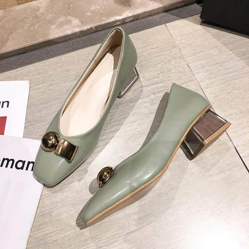 

Women's Shoes Square Toe Shoes 2020 Spring New Metal Buckle Heel Shoes pumps