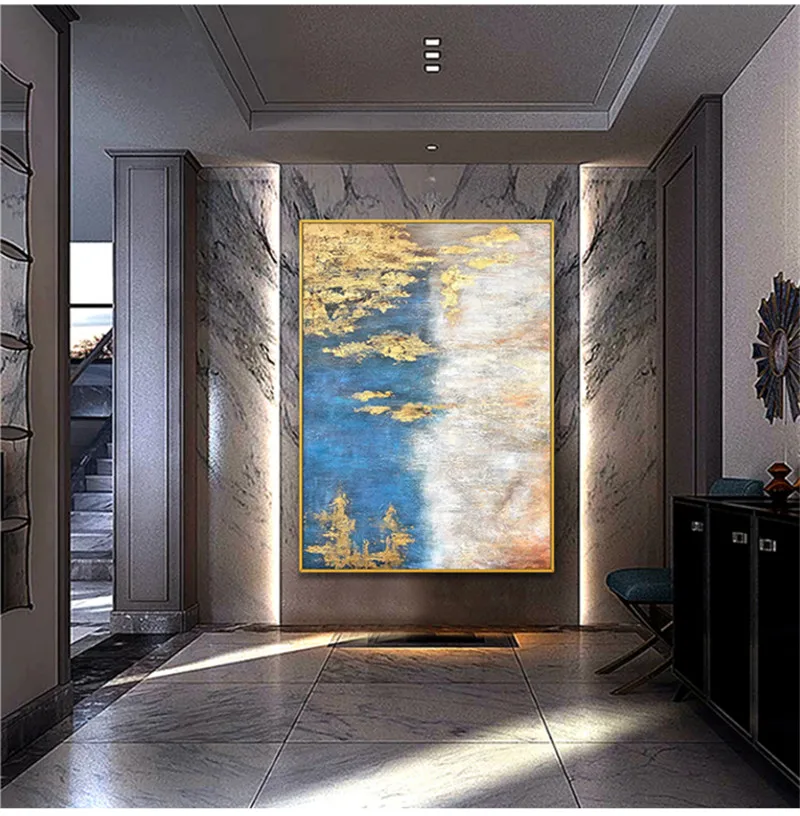 Чистая ручная роспись высокого качества абстрактная светло-голубая и Золотая