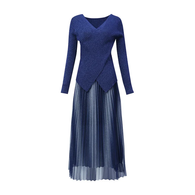 

Temperament celebrity autumn women's suit 2021 New Knitted Top mesh skirt high waist skirt fashion two piece