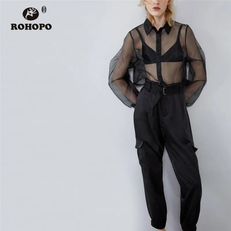 ROHOPO/блузка из прозрачного тюля с длинными рукавами пышными и воротником
