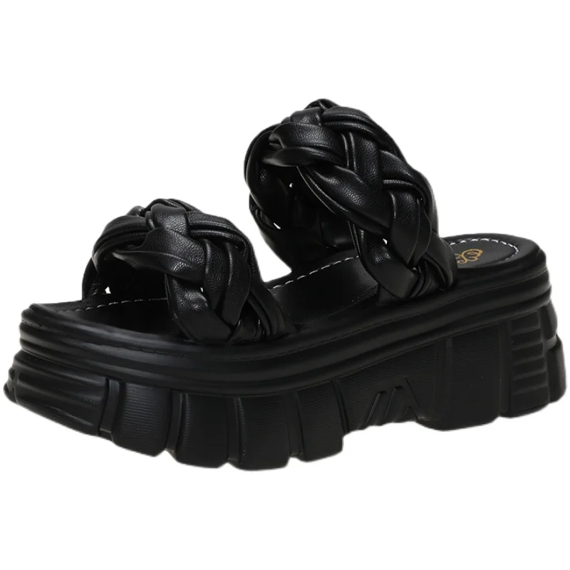 

Flat Shoes Female Woman's Slippers Slides Platform On A Wedge Heeled Mules Increased Internal 2021 Summer High Bonded Leather PU