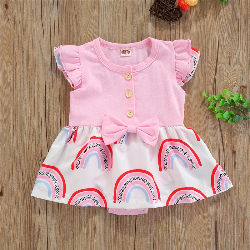

Baby Summer Romper, Rainbow Stitching Henley Neck Ruffled-Sleeve Jumpsuit Skirt for Toddler Girls, 0-18 Months