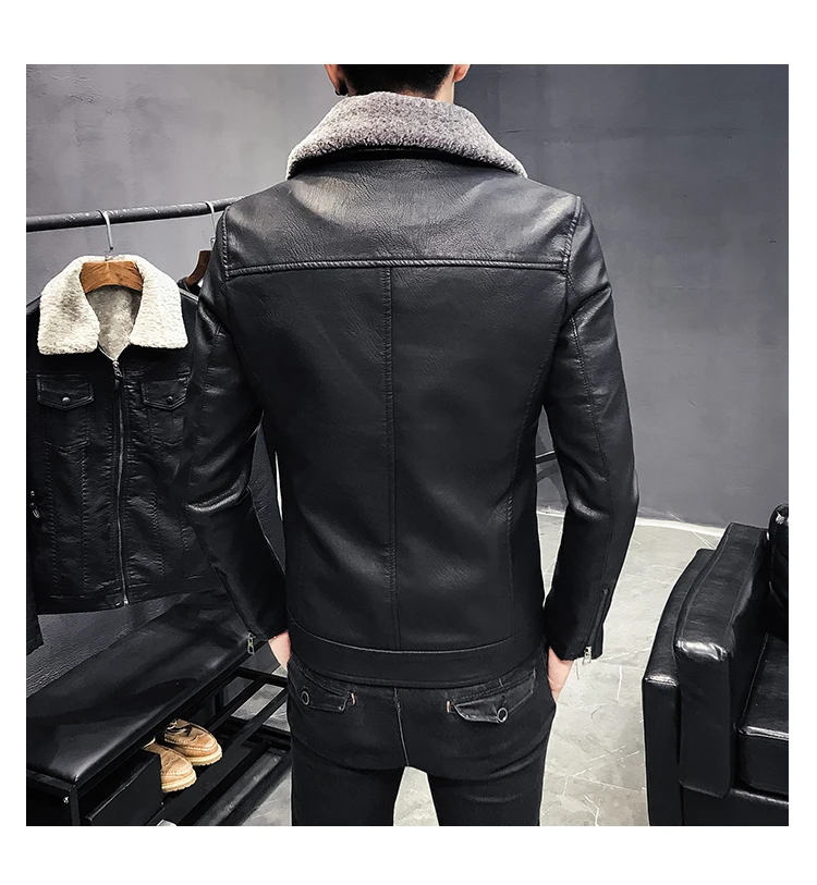 Модные мужские кожаные куртки с меховым воротником Slim Fit Chaqueta Marron Hombre кожаные куртки Мотоциклетные Куртки мужские Deri Ceket