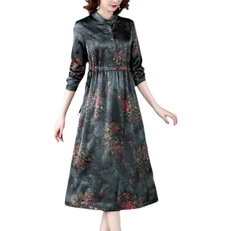 

Elegant And Fashionable Silk Fragrant Cloud Yarn Ladies Dress Spring And Autumn Fit Dress Showing Body Temperament Skirt
