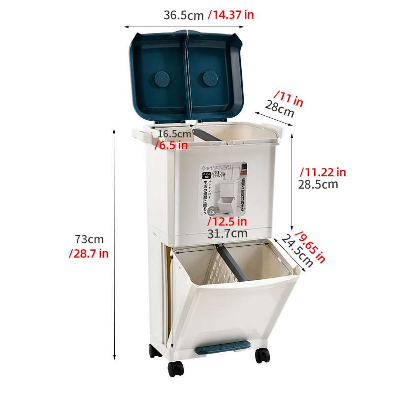 

40L Home Kitchen Recycle Storage Bucket Movable Wet Dry Separation Waste Bin Corner Garbage Can 2 Layer Trash Sorting Container