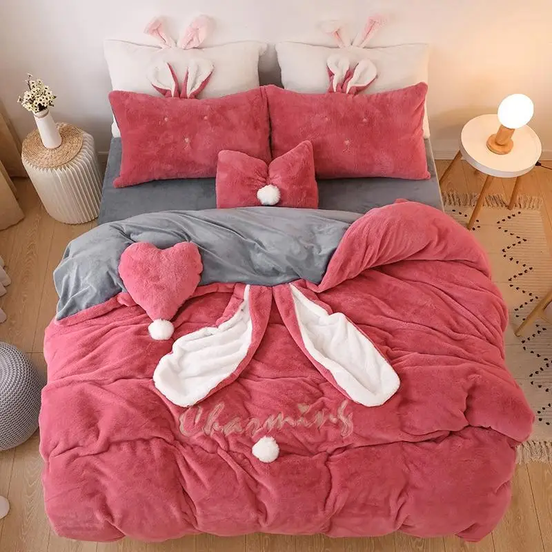 

Luxury Fleece Velvet Lovely Rabbit Ears Bedding Set Warm Flannel Duvet Cover Sets Pillowcases Bed Sheet Twin Queen King size