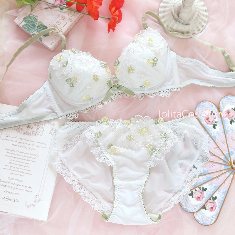 

Summer French Dream Cute Young Girl Lace Flowers Underwear Suit Japanese Sweet Women's Bra & Panties Set Pink White