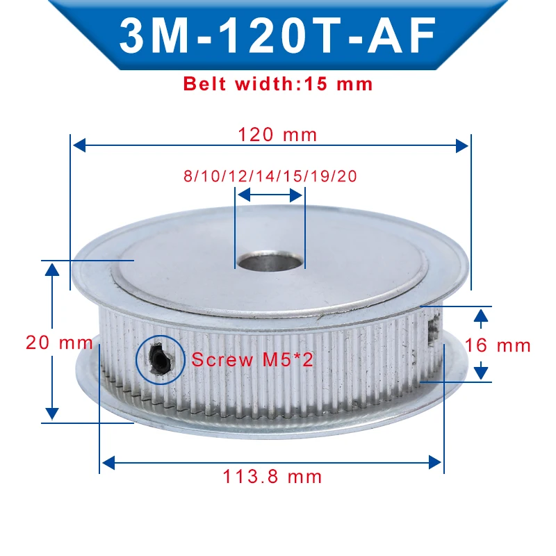 

Timing Pulley 3M120T Inner Bore 8/10/12/14/15/19/20 mm Aluminum Belt Pulley Slot Width 16 mm For 3M-synchronous belt Width 15 mm