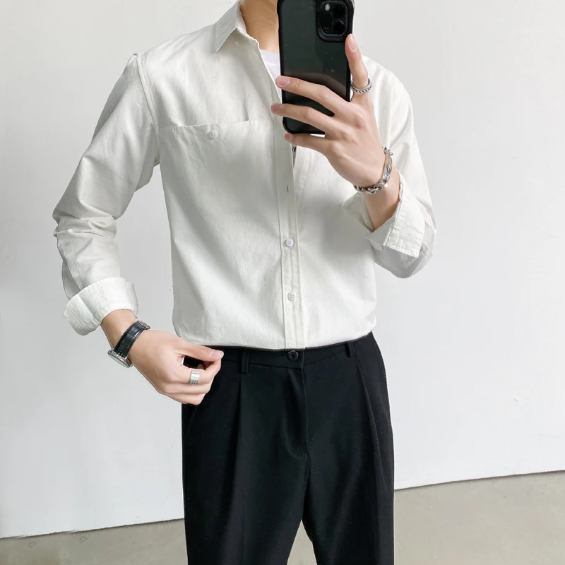 

Loldeal Men Long-sleeved Shirts Fashion Solid Color Slim Fit Cotton Comfortable Single-breasted