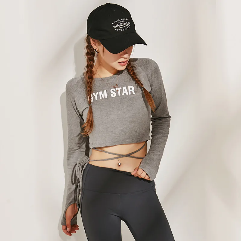 

New Lace-up Yoga Clothes Long Sleeve Loose Casual Midriff-Baring Running Fitness Clothes Slimming Sports Top for Women